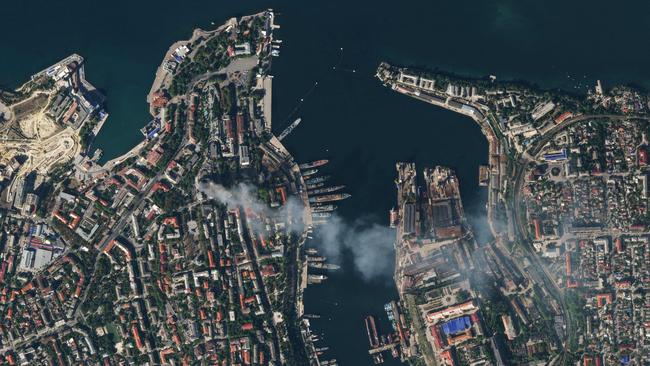 Satellite image after a missile attack on the headquarters of Moscow’s Black Sea fleet in annexed Crimea. Picture: Planet Labs via AFP