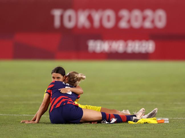 Kristie Mewis #6 of Team United States hugs Sam Kerr #2 of Team Australia following the Women's Bronze Medal match between United States and Australia at the Tokyo 2020 Olympic Games. Picture: Francois Nel/Getty Images