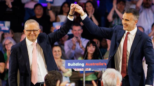 Prime Minister Anthony Albanese at a campaign rally with South Australian Premier Peter Malinauskas in Adelaide. Picture Matt Turner.