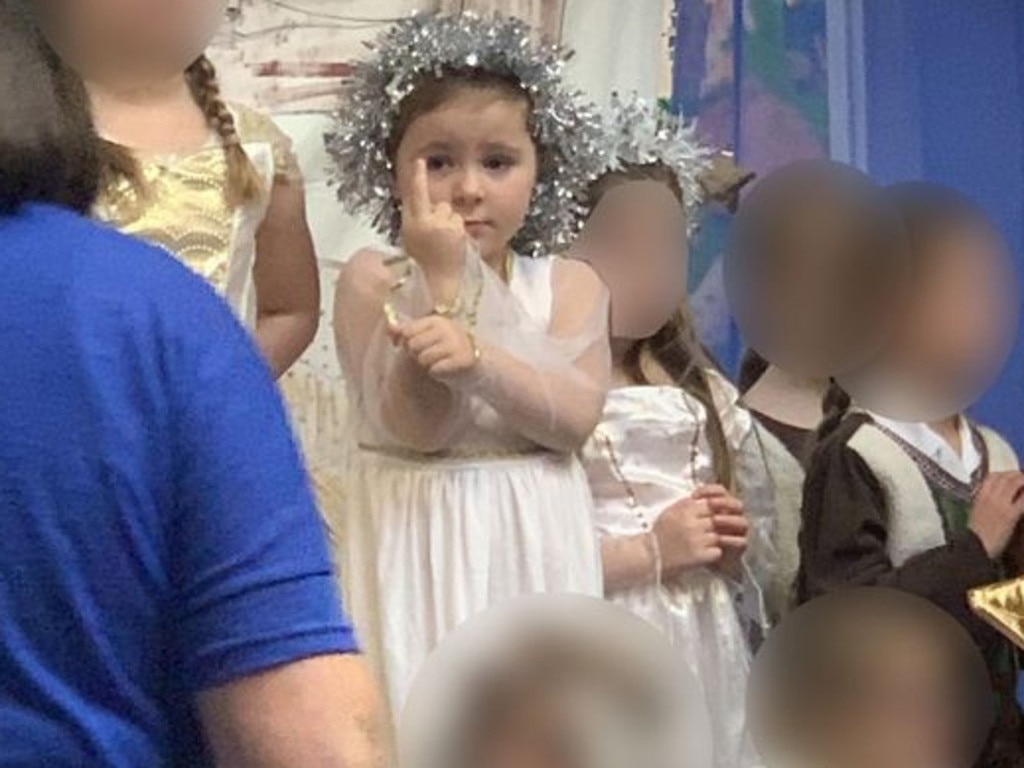 Five-year-old Ella Legge flips the bird during her first nativity play – but not all is as it seems. Picture: Kennedy News