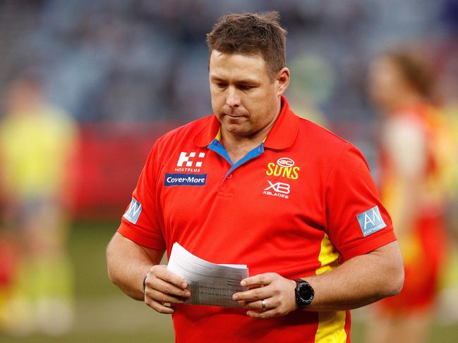 Suns head coach Stuart Dew is seen during the Round 20 AFL match between the Melbourne Demons and the Gold Coast Suns at the MCG in Melbourne, Sunday, August 5, 2018. (AAP Image/Daniel Pockett) NO ARCHIVING, EDITORIAL USE ONLY