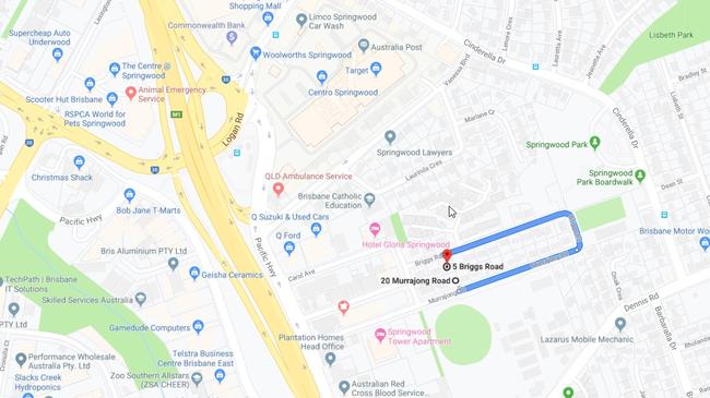 A map showing Springwood and streets including Murrajong Dve, Briggs Rd, Cinderella Dve and Carol Ave, where the council had plans to build a cultural precinct.