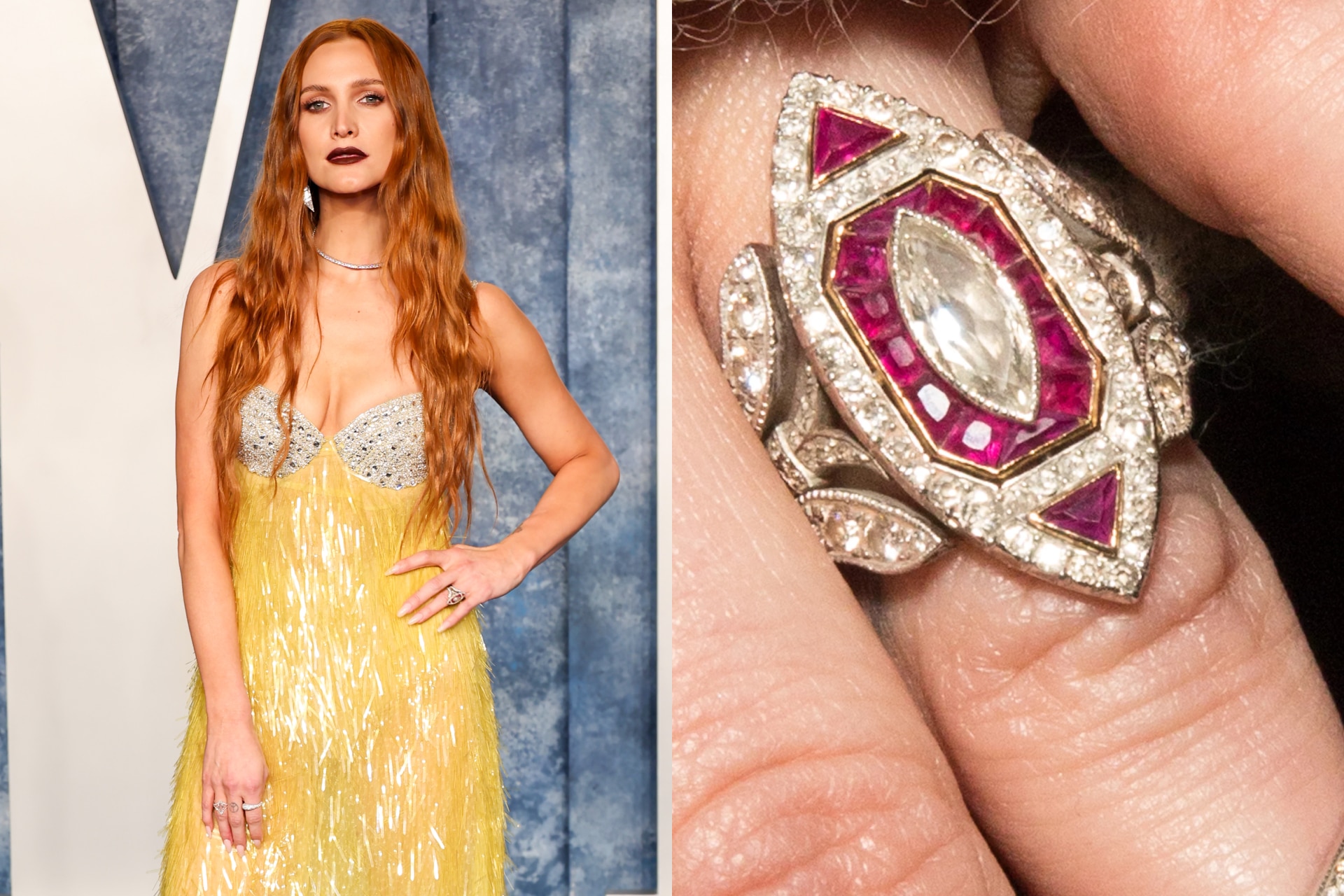 <h3><b>Ashlee Simpson</b></h3><p>Is this what you expected Ashlee Simpson&rsquo;s engagement ring to look like? We were certainly surprised. This Edwardian style piece consists of a five-carat marquise-cut diamond, framed by rubies and over 140 smaller diamonds.&nbsp;</p>