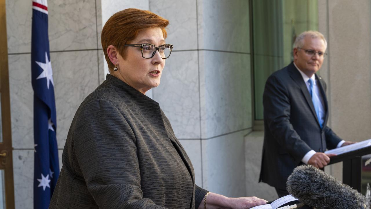 Foreign Affairs Minister Marise Payne holds a press conference with Prime Minister Scott Morrison in Canberra. Picture: NCA NewsWire/Martin Ollman