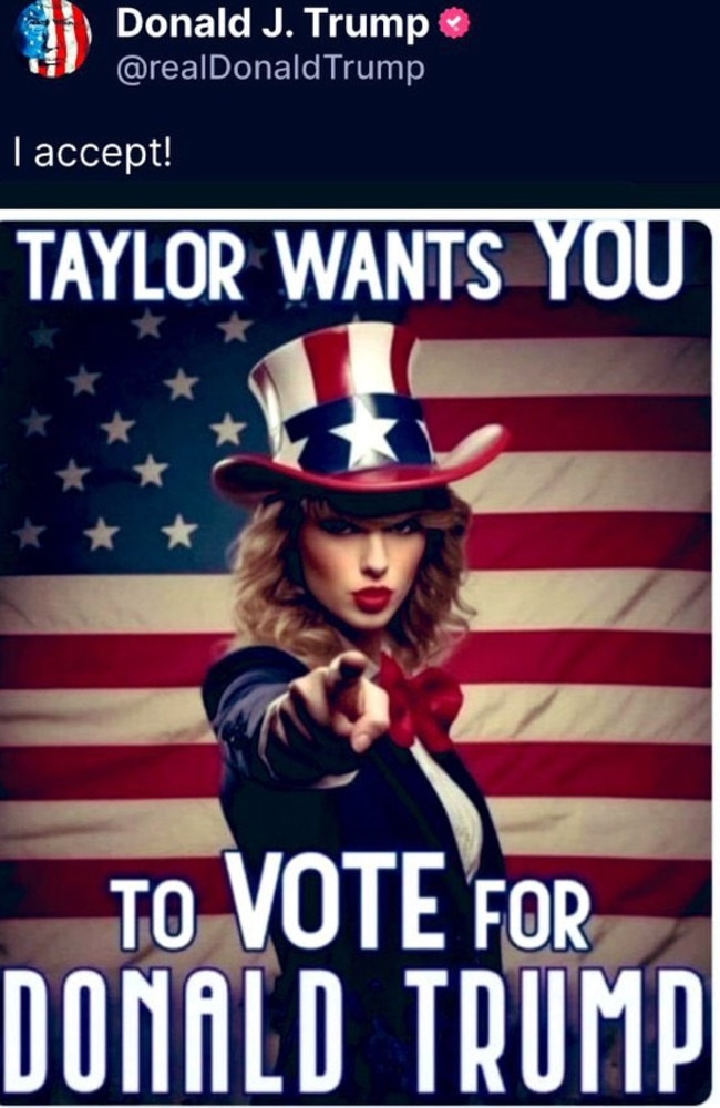 Donald Trump reshared AI-generated images to Truth Social and X supposedly showing support from Taylor Swift and Swifties Picture @realDonaldTrump