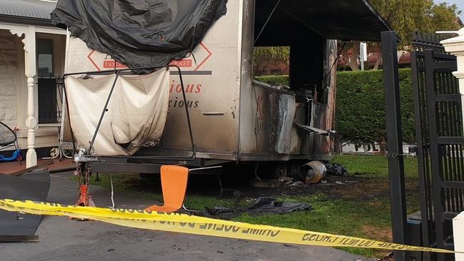 A food van parked at a Mile End property that was recently raided by police has been destroyed in a suspected arson attack. Picture: Elizabeth Henson