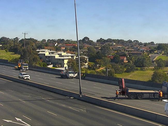 The light pole that almost collapsed on the Western Ring Road. Picture: VicTraffic Facebook