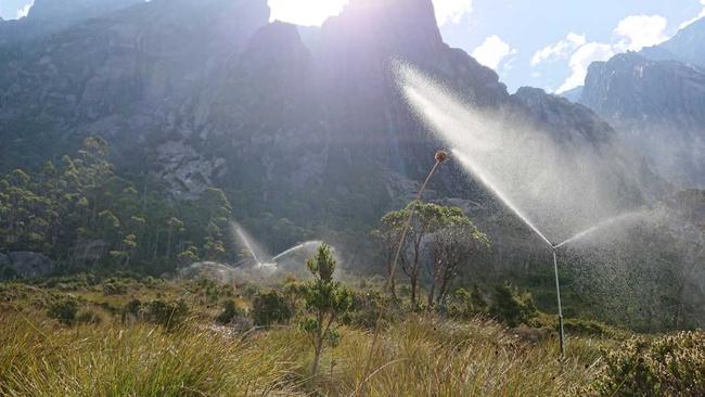 Sprinklers in Tasmania’s Southwest as bushfire threaten high-conservation areas near Lake Rhona. Picture: Parks and Wildlife 