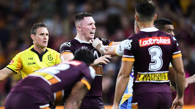 Broncos five-eighth Tyson Gamble gets under his rivals’ skin. Picture: Nathan Hopkins/NRL Photos