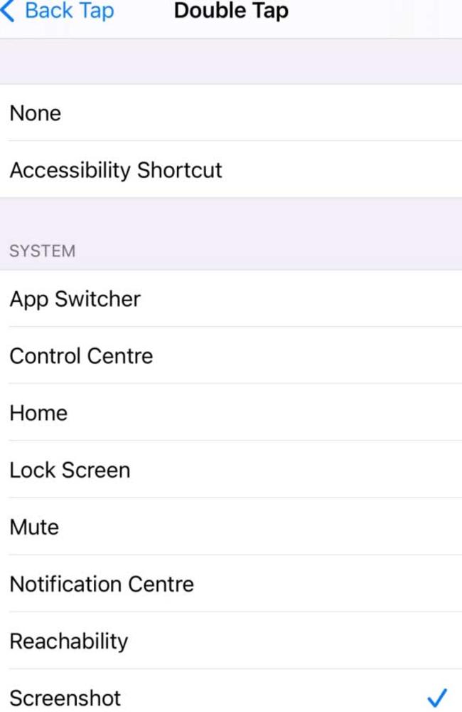 Set Back Tap to Screenshot for speedy screen grabs. Picture: Supplied/Apple
