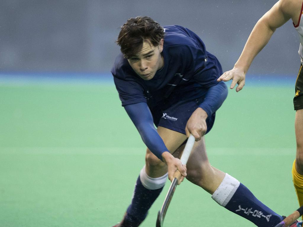 Hockey Australia Men's U18 Championships, Tasmania Joshua Walker and Victoria Henry Laussen at the Tasmanian Hockey Centre. Picture: Chris Kidd