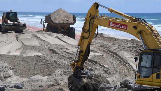Seawall construction is seen on the Gold Coast, Wednesday, February 20, 2019. Huge swells and high tides are set to pummel south-east Queensland beaches over the coming days as Cyclone Oma tracks towards the Queensland coast. Photo: Dave Hunt/AAP.