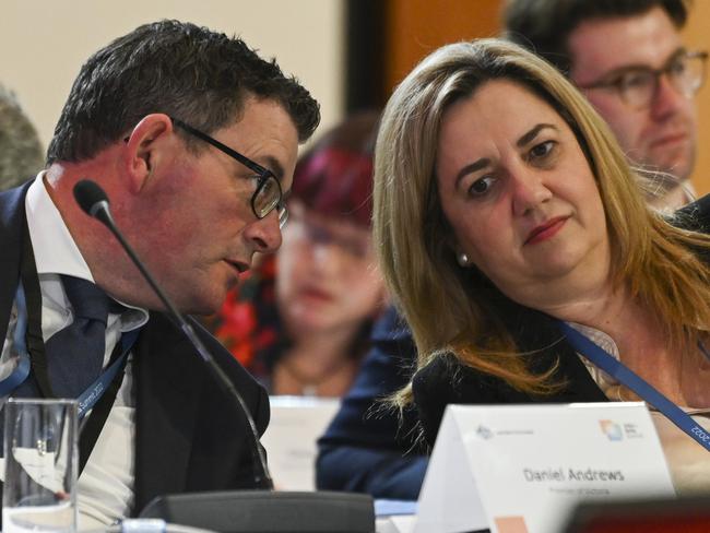 CANBERRA, AUSTRALIA - SEPTEMBER 01: Victorian Premier Daniel Andrews and Qld Premier Annastacia Palaszczuk interact during a jobs and skills summit at Parliament House on September 1, 2022 in Canberra, Australia. The Australian government is bringing together political, business, union and community group leaders at Parliament House to address issues facing the Australian economy and workforce as inflation and interest rates continue to rise. (Photo by Martin Ollman/Getty Images)