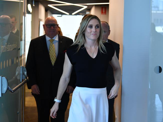 Pictured in 2019, Sally Pearson arrives to a press conference to announce her retirement in Sydney after a devastating run of injuries. Picture: AAP