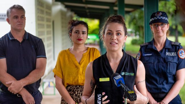 Neighbourhood Watch 4 Kids is a new education campaign which aims to get kids safely to and from school. The online portal was launched at Moil Primary School. Ashleigh Ascoli from Neighborhood Watch NT addresses the media. Picture: Che Chorley