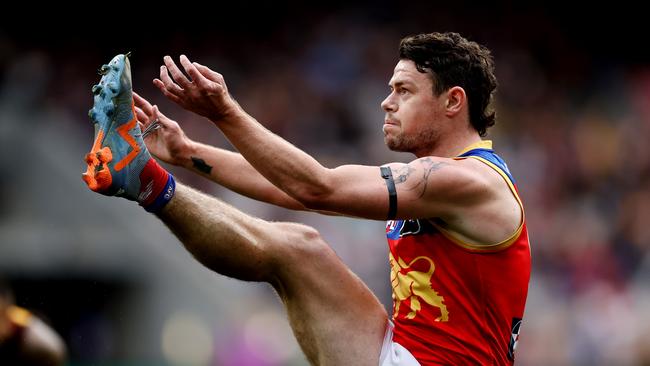 Lachie Neale unleashes with a kick last month during one of the Lions’ rare matches at the MCG. Picture: Michael Klein