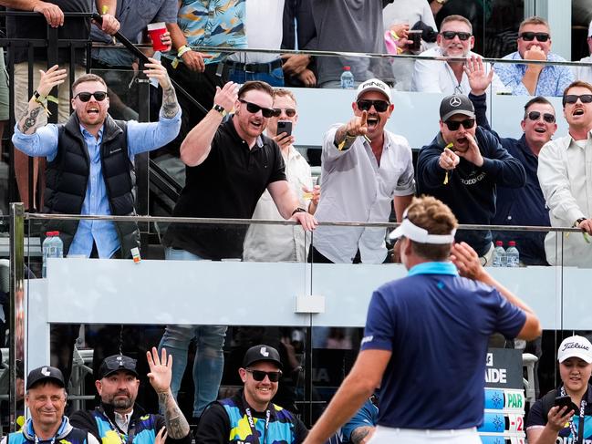 Ian Poulter eggs the crowd on at last year’s event. Picture: Getty