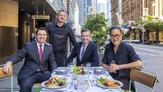 From left: Stuart Ayres, chef Luke Mangan, Premier Dominic Perrottet and chef Kylie Kwong get ready for Sydney's Open for Lunch event. Picture: Dallas Kilponen/Destination NSW