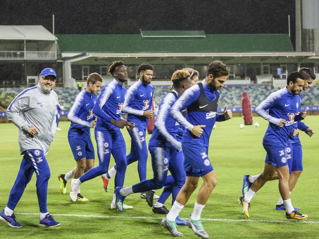 Chelsea FC players are seen during a training session at the WACA ground in Perth, Saturday, July 21, 2018. Perth Glory of Australia and Chelsea FC of England will play a friendly game tomorrow at Optus Stadium. (AAP Image/Tony McDonough) NO ARCHIVING, EDITORIAL USE ONLY