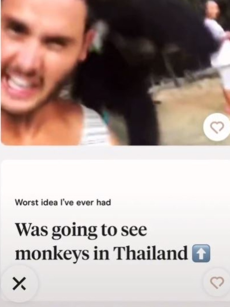 ‘Worst idea I’ve ever had was going to see monkeys in Thailand,’ it read. Picture: TikTok