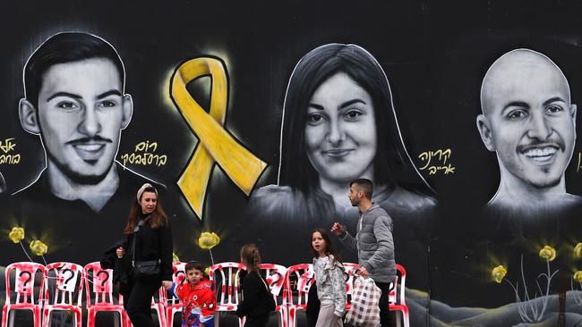 A mural with the portraits of Israeli hostages held in the Gaza Strip since the October 7 attack.