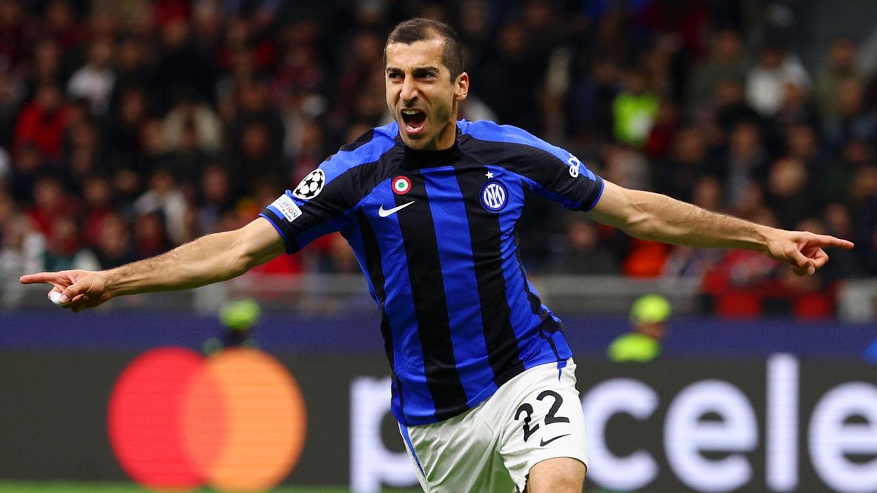 MILAN, ITALY – MAY 10: Henrikh Mkhitaryan of FC Internazionale celebrates after scoring the team's second goal during the UEFA Champions League semi-final first leg match between AC Milan and FC Internazionale at San Siro on May 10, 2023 in Milan, Italy. (Photo by Clive Rose/Getty Images)