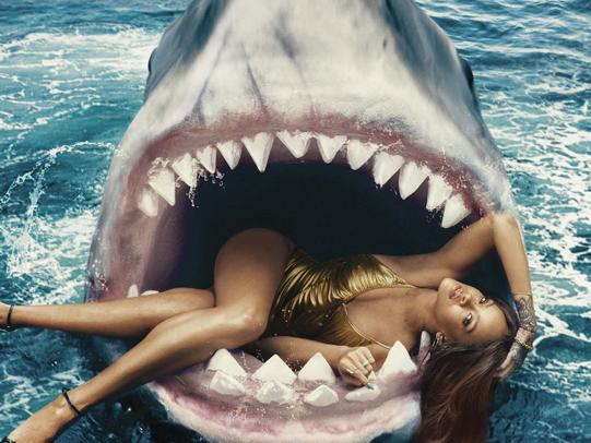 Rihanna swims with the Sharks. Photo credit: Norman Jean Roy for Harper’s BAZAAR.