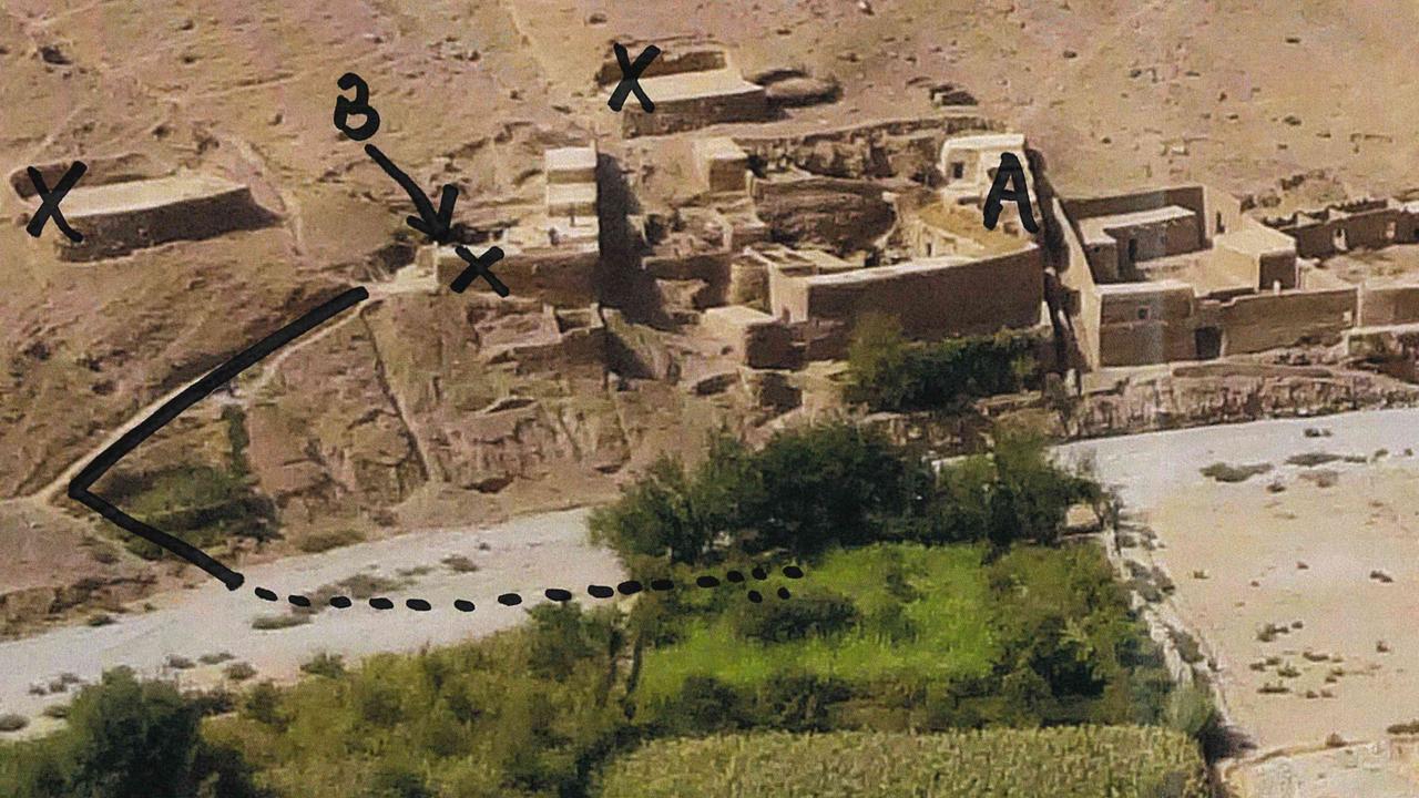 The village of Darwan, Afghanistan. Mr Roberts-Smith marked up the photograph during his evidence with black marker to show points and paths navigated by his troop. Picture: Australian Federal Police