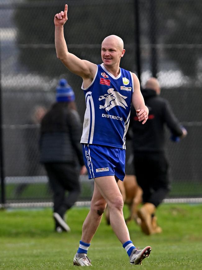 EDFL: Spencer Aitken celebrates a goal for Coburg Districts. Picture: Andy Brownbill