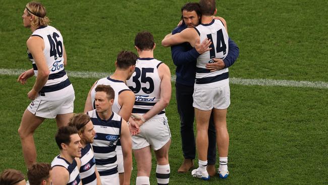 Coach Chris Scott embraces captain Joel Selwood before their First Preliminary Final clash against Melbourne at Perth Stadium.