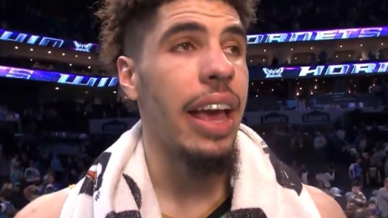 LaMelo Ball speaks after the game.