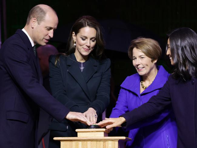 Prince William and Catherine with Mayor Michelle Wu kicking off Earthshot celebrations by lighting up Boston at Speaker’s Corner by City Hall. Picture: Getty Images.