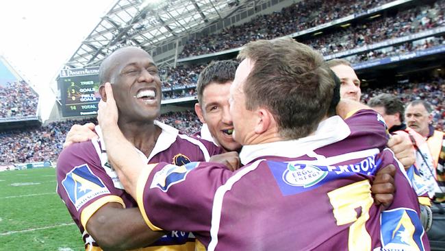 Broncos Wendell Sailor, left, Harvey Howard and Kevin Walters, celebrate the 2000 premiership win.