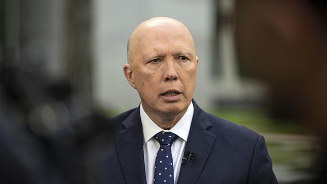 CANBERRA, AUSTRALIA NewsWire Photos OCTOBER 26, 2022: Opposition Leader Peter Dutton spoke with morning TV programs the day after the 2022 Budget was handed down, at Parliament House in Canberra. Picture: NCA NewsWire / Gary Ramage