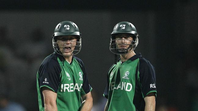 Ireland's Kevin O'Brien, left, and Alex Cusack during their match winning partnership against England. (AP Photo/Kirsty Wigglesworth)