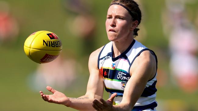 SYDNEY, AUSTRALIA - OCTOBER 06: Mikayla Bowen of the Cats controls the ball during the round six AFLW match between Sydney Swans and Geelong Cats at Henson Park, on October 06, 2024, in Sydney, Australia. (Photo by Brendon Thorne/AFL Photos/via Getty Images)