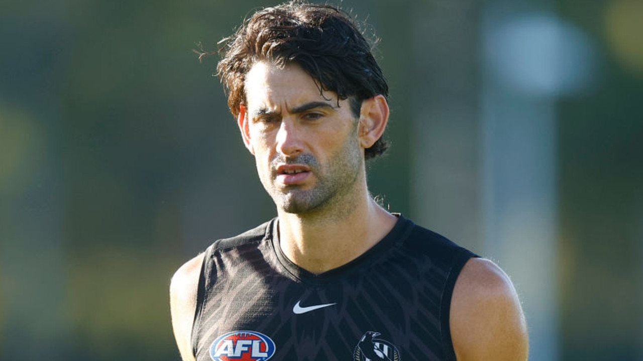 MELBOURNE, AUSTRALIA - FEBRUARY 12: Brodie Grundy of the Magpies looks on during a Collingwood Magpies AFL training session at Holden Centre on February 12, 2022 in Melbourne, Australia. (Photo by Mike Owen/Getty Images)