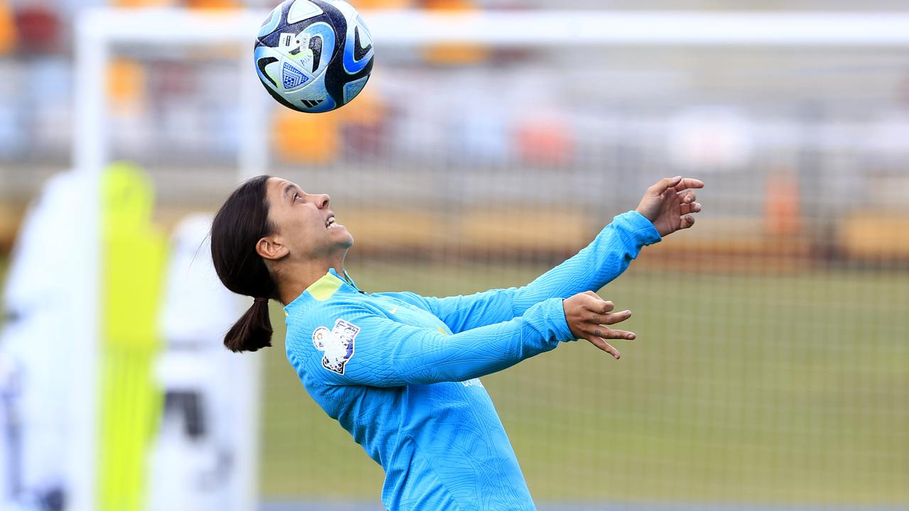 Sam Kerr trains at Queensland Sports and Athletic Centre ahead of Australia’s World Cup quarter-final game against France in Brisbane. Picture: Adam Head