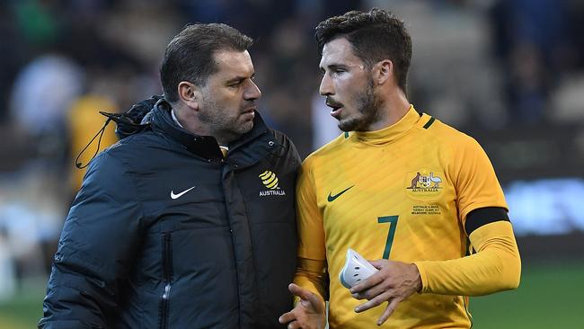 Socceroos coach Ange Postecoglou (left) and Matthew Leckie