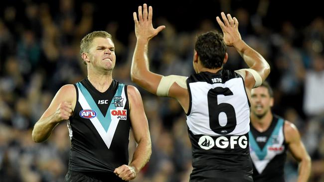 Dan Houston celebrates a goal in the club’s loss to Richmond on Saturday night: Picture: Sam Wundke/AAP