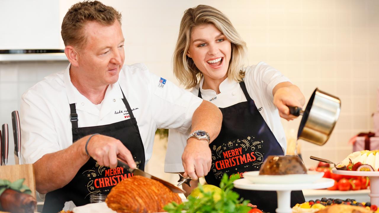 Chefs Luke Mangan and Courtney Roulston unveil Coles’ Christmas products at its media launch. Picture: Hanna Lassen/Getty Images.