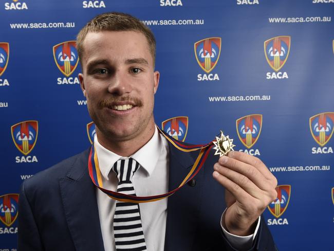 West Torrens all-rounder Daniel Drew won the Bradman Medal last week – days before helping the Eagles win a third premiership this season. Picture: Simon Stansbury.