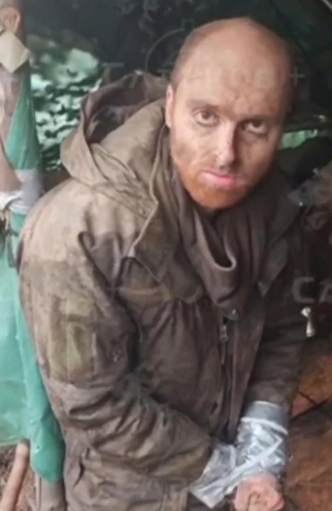 In a video circulating Pro-Russian Telegram channels, Australian mercenary Oscar Jenkins is interrogated by Russian fighters after being captured in Donbas. Picture: Telegram