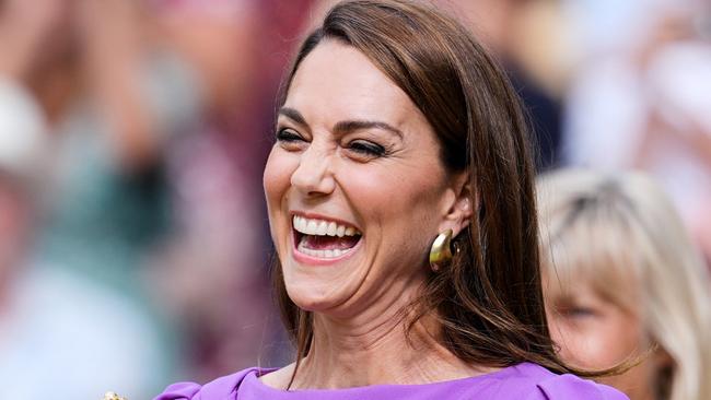 LONDON, ENGLAND - JULY 14: Catherine, Princess of Wales smiles during day fourteen of The Championships Wimbledon 2024 at All England Lawn Tennis and Croquet Club on July 14, 2024 in London, England. (Photo by Shi Tang/Getty Images)