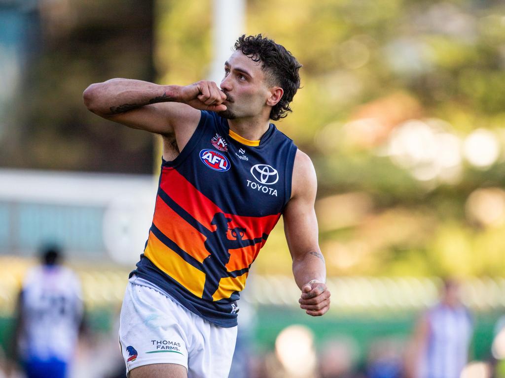 Izak Rankine enjoys a goal. Picture: Linda Higginson/AFL Photos via Getty Images