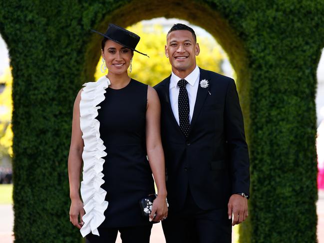 MELBOURNE, AUSTRALIA - NOVEMBER 04:  Maria Tutaia and Israel Folau pose at The Park on AAMI Victoria Derby Day at Flemington Racecourse on November 4, 2017 in Melbourne, Australia.  (Photo by Daniel Pockett/Getty Images for the VRC)
