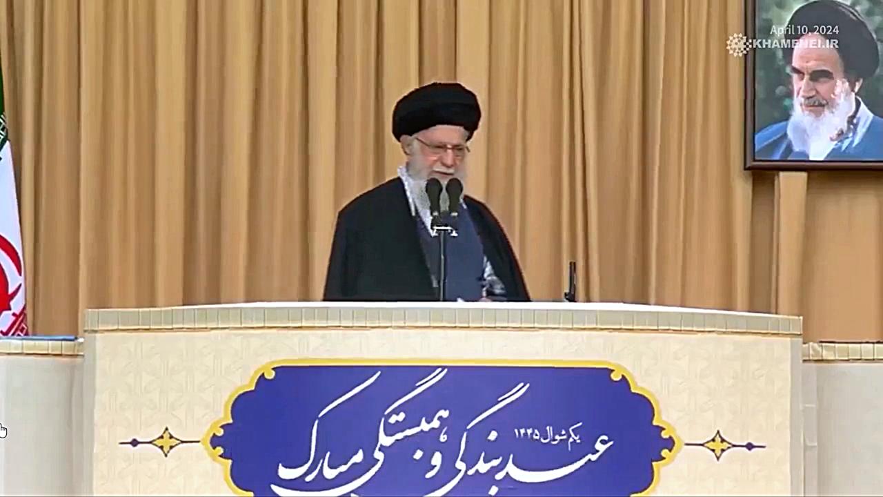 Imam Sayyid Ali Khamenei, Iran's Supreme Leader, addresses a congregation in Iran as Tehran unleashed dozens of drone strikes. Picture: X