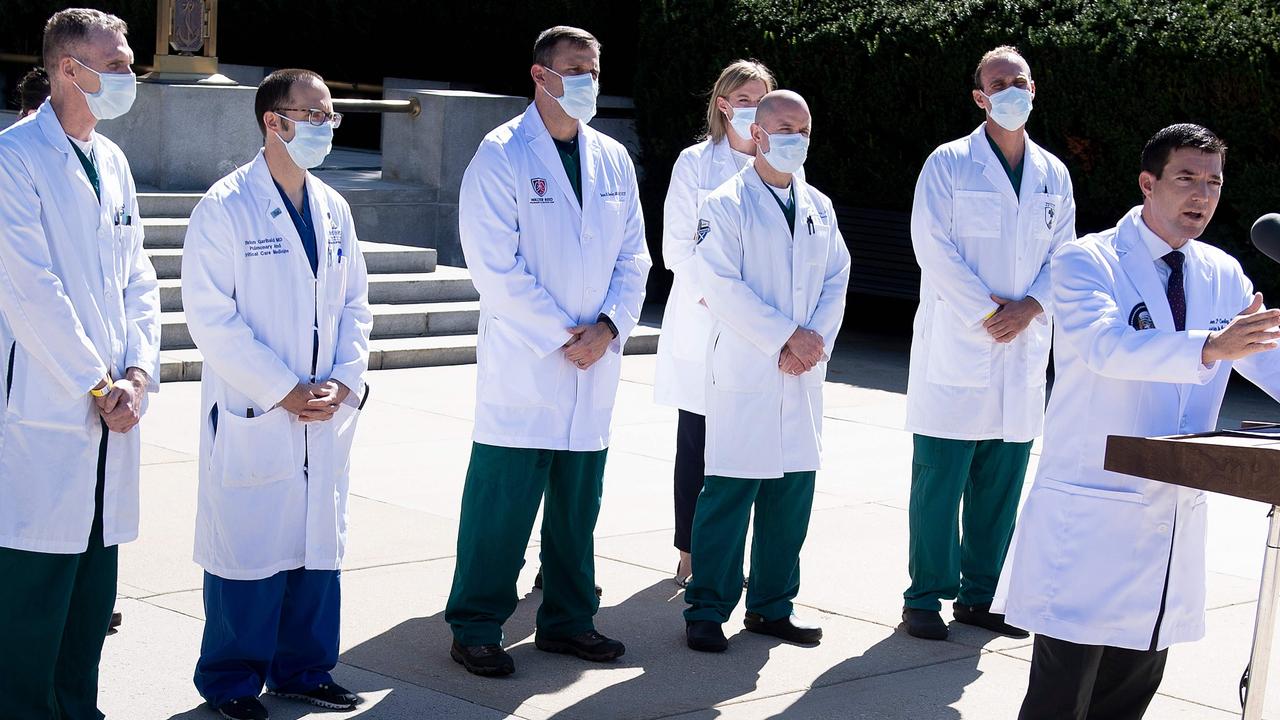 That’s Dr Conley at the lectern. Picture: Brendan Smialowski/AFP