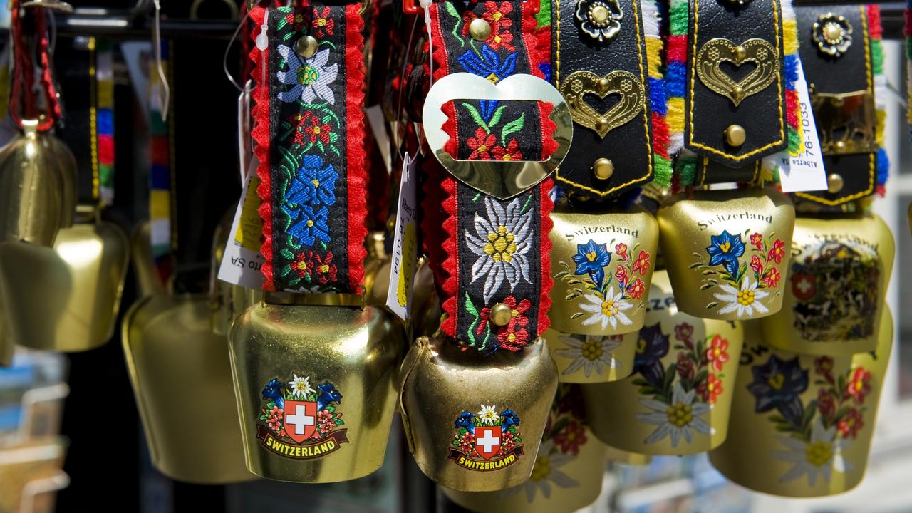 Swiss cowbell souvenirs in St Gallen in Switzerland. Picture: Giovanni Mereghetti/Education Images/Universal Images Group via Getty Images