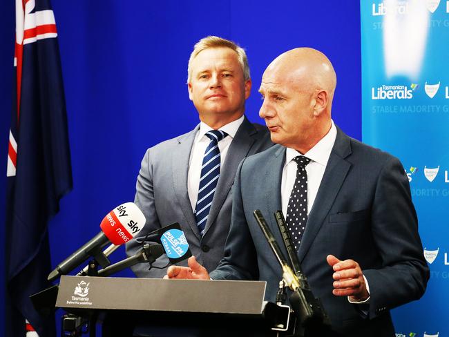 New Tasmania Premier Peter Gutwein addresses the media alongside new Deputy Premier Jeremy Rockliff. Picture: Zak Simmonds